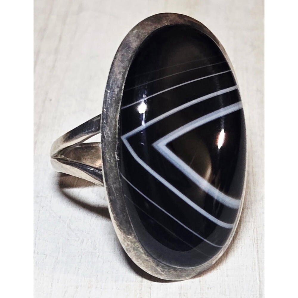 Vintage Large .925 Sterling Silver Black Agate Natural Banded Ring Size-9